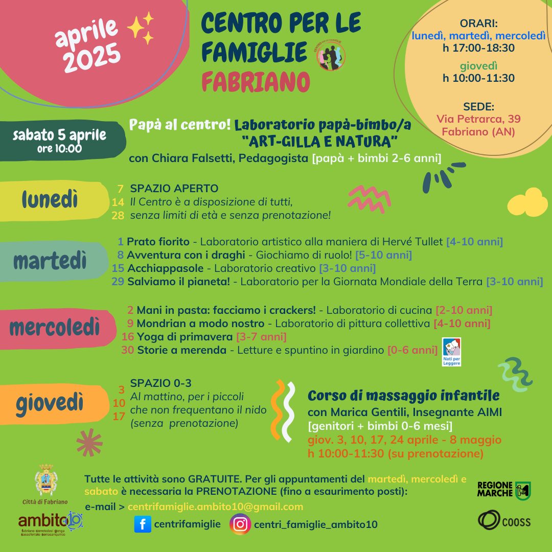 Eventi Aprile 2024 al Centro per le Famiglie di Fabriano Eventi Aprile 2024 al Centro per le Famiglie di Fabriano