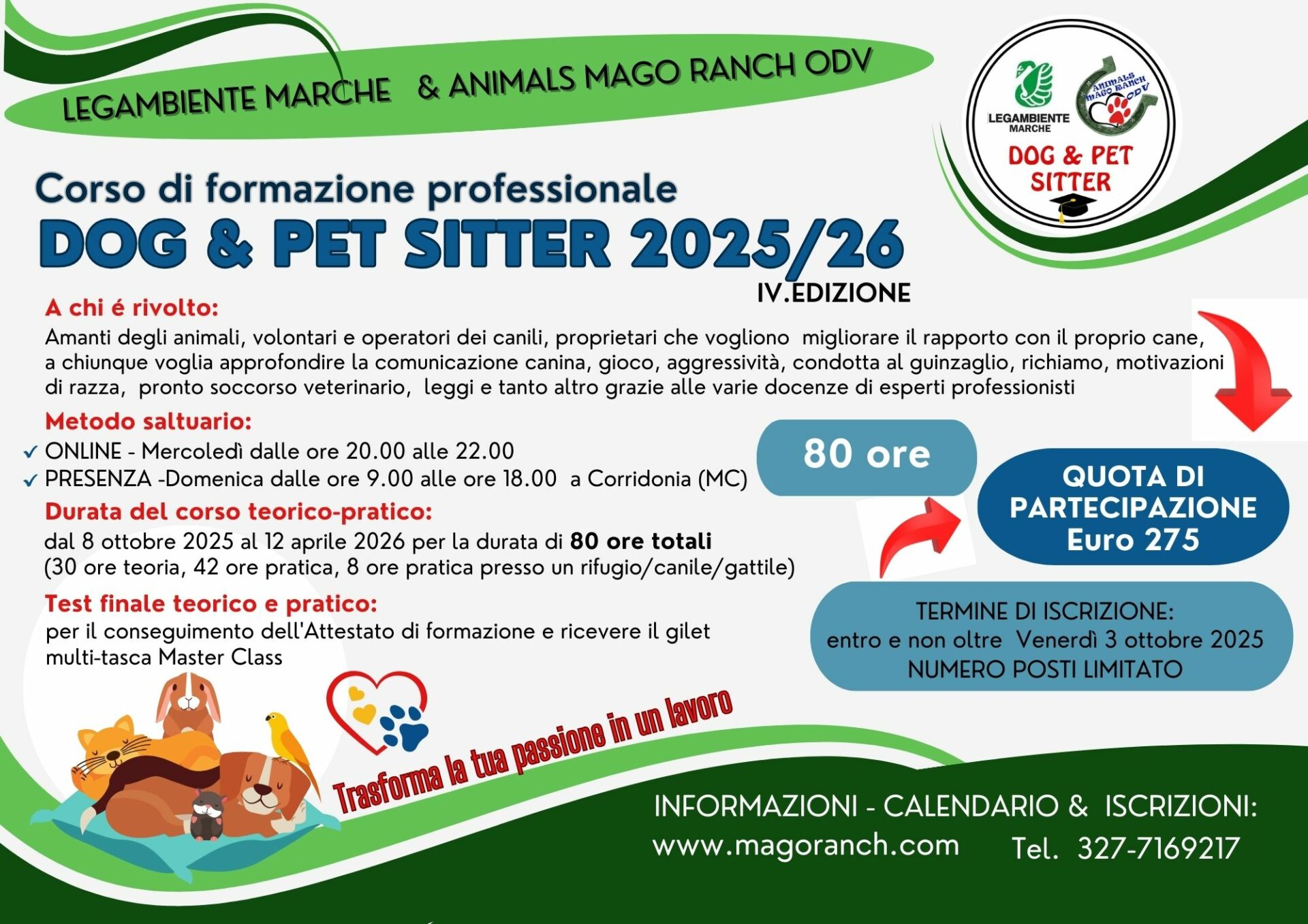 🐾 A Corridonia il nuovo Corso per Dog & Pet Sitter 2025/26: 80 ore di formazione per trasformare l’amore per gli animali in una professione
